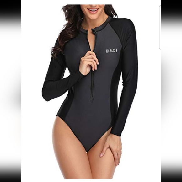 Daci Black Longsleeve Rash Guard Zip-Up Swimsuit Size XS - Picture 1 of 9